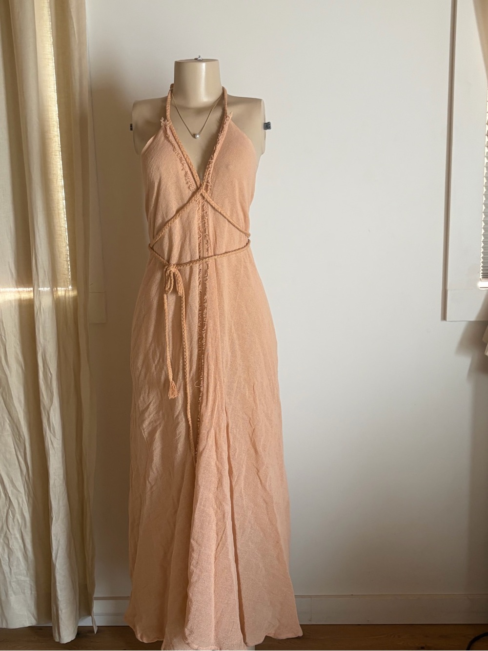 Source Unknown Peach Halter Maxi Dress with Braided Waist Tie